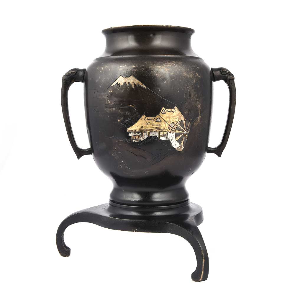 Vintage Black Colored Brass Handpainted Vase