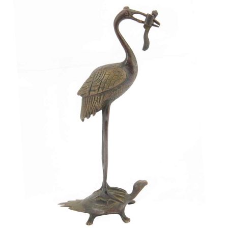 Vintage Bronze Crafted Sculpture Crane Standing on Turtle