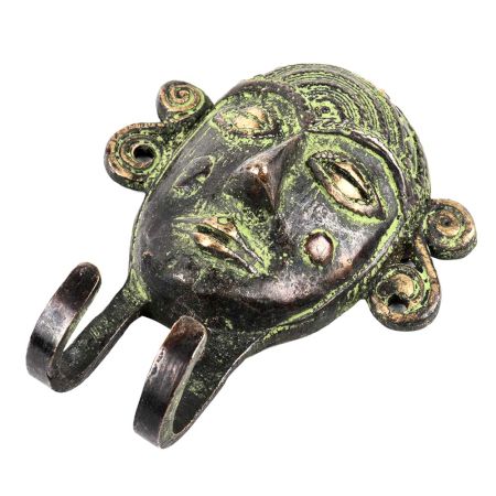 Bronze Tribal Face Dual Wall Hooks Patina Rich