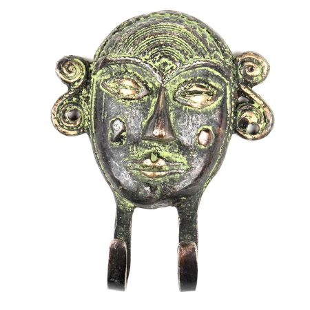 Bronze Tribal Face Dual Wall Hooks Patina Rich
