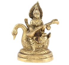 Goddess Saraswati Idol Sitting on Hans Brass Figurine