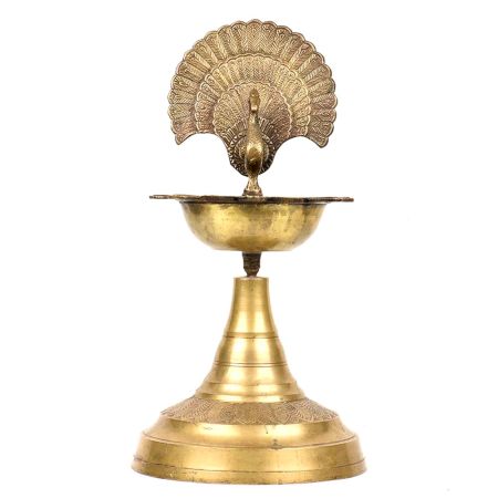 Brass Diya Wick Light Candle Lamp Peacock Design