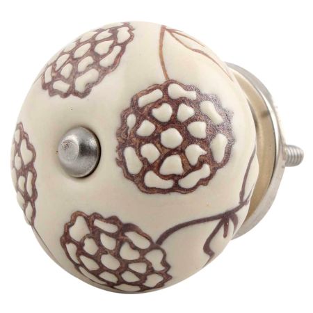 Cream Brown Marigold Etched Ceramic Drawer Knob
