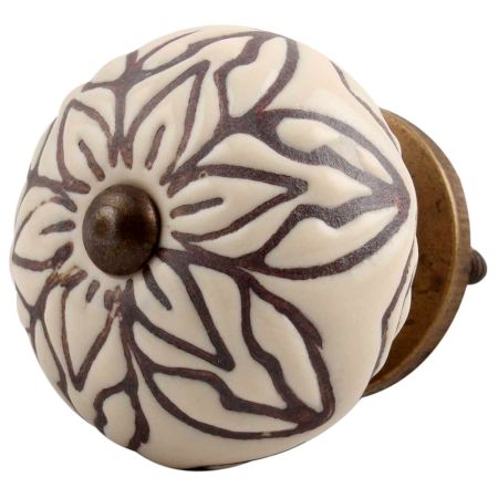 Cream Amarylis Floral Etched Ceramic Cabinet Knob