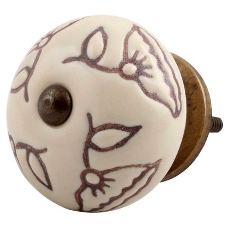Cream Calla Lily Brown Etched Ceramic Dresser Knob
