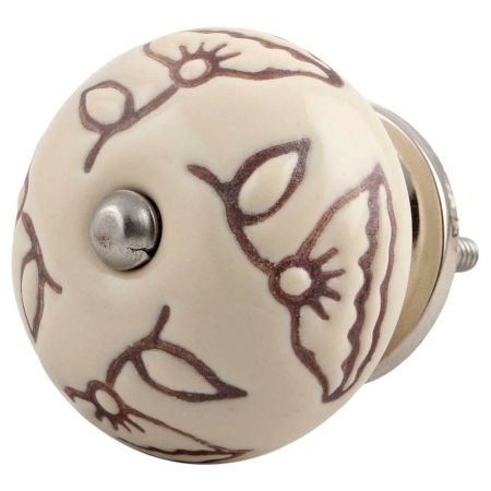 Cream Calla Lily Brown Etched Ceramic Dresser Knob