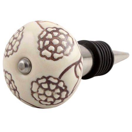 Cream Brown Marigold Etched Ceramic Wine Stopper