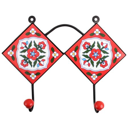 Red White Floral Tiles Hooks