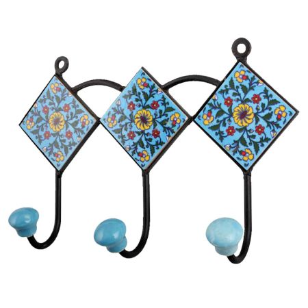 Turquoise Yellow Floral Tiles Hooks