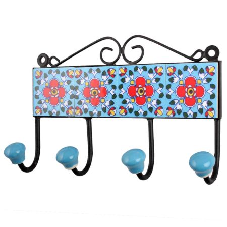 Turquoise Red Floral Tiles Hooks