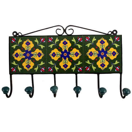 Forest Green Yellow Floral Tiles Hooks