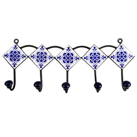 White Navy Blue Floral Tiles Hooks