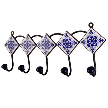 White Navy Blue Floral Tiles Hooks