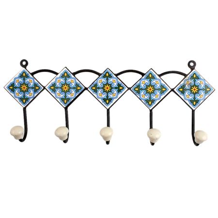 Turquoise White Floral Tiles Hooks
