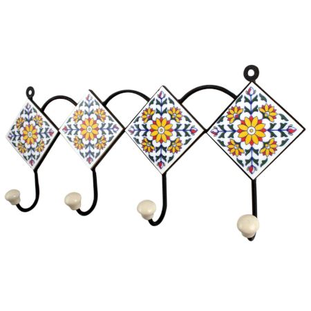 White Yellow Floral Tiles Hooks