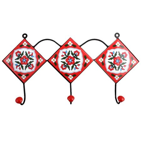 Red White Floral Tiles Hooks