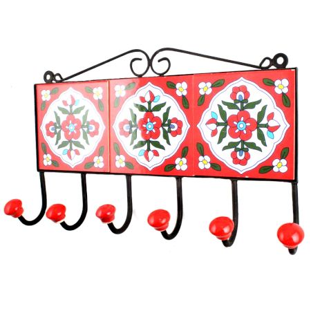Red White Floral Tiles Hooks