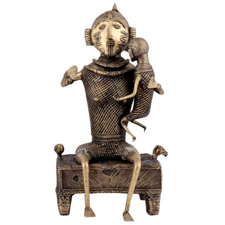 Brass Lady Sitting on Bed Holding Her Child Dhokra Figurine