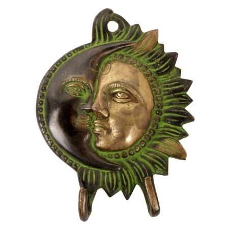 Solid Brass Patina Sculpture Sun Moon Two Wall Hooks
