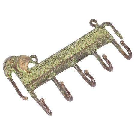 Brass Elephant Five Wall Hooks with Patina