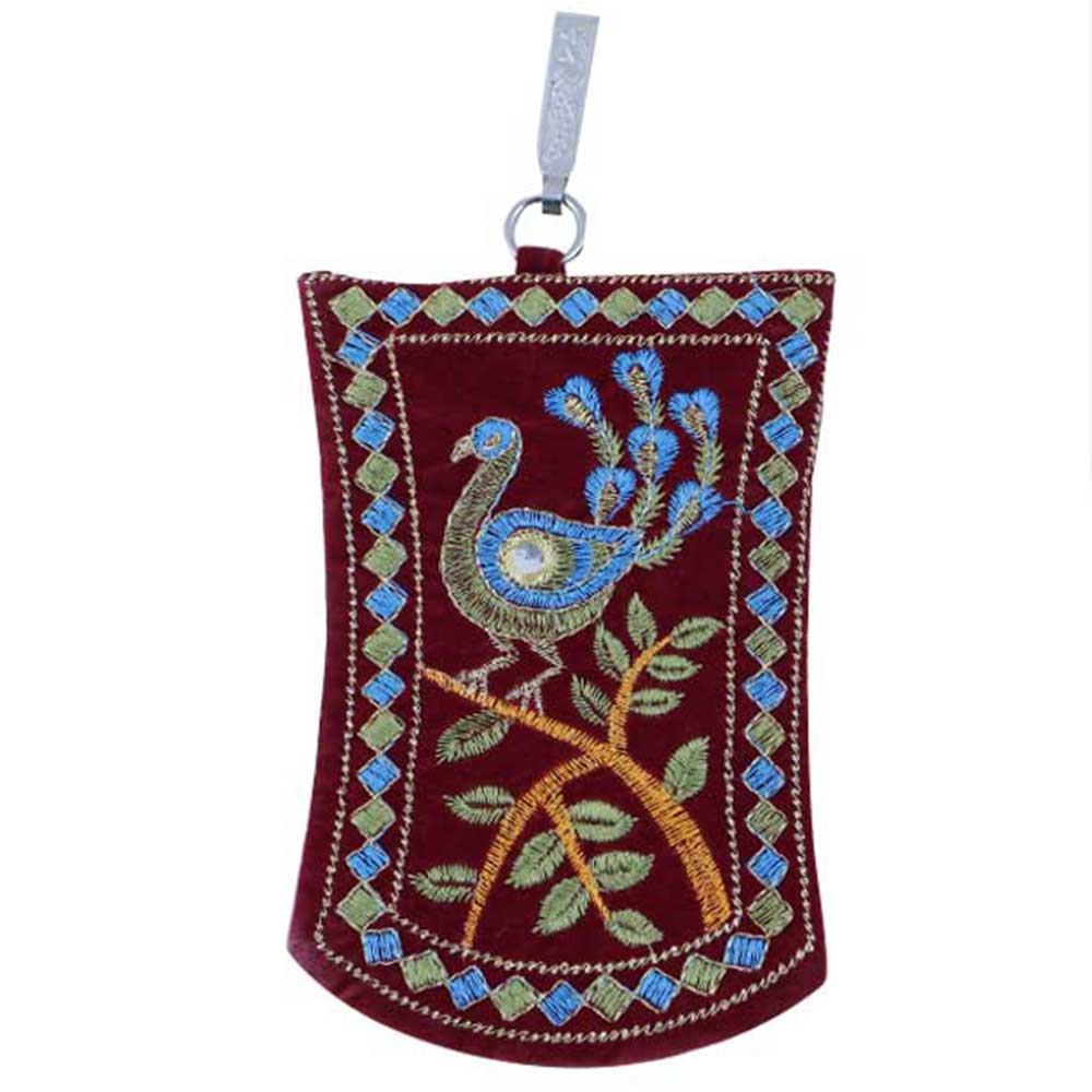 Maroon Peacock Mini Purse / Mobile Pouch For Womens Hook