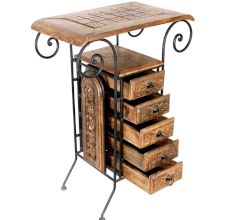 Wooden And Wrought Iron Hand Carved Cabinet With 6 Drawer