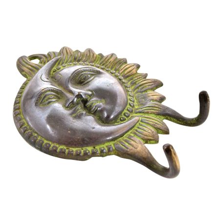 Brass Sun Moon Half Face Wall Hooks with Patina