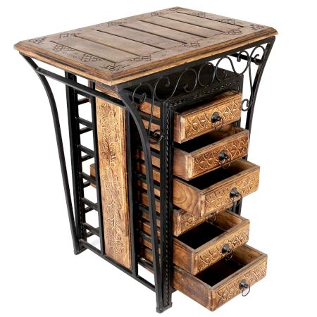 Wooden And Wrought Iron Hand Carved Cabinet With 6 Drawer