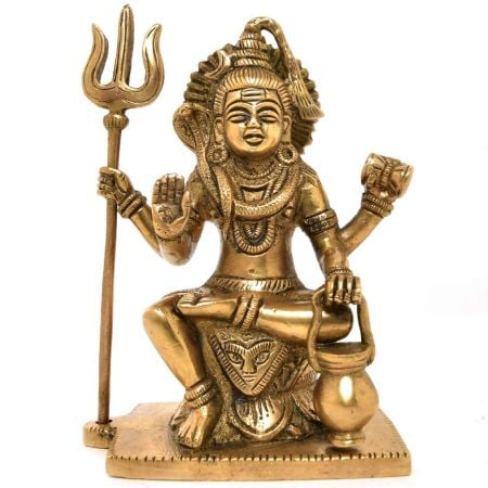 Sitting Brass Statue of Lord Shiva and Trishul Kamandal Dholak