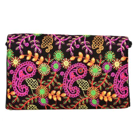 Black Floral Tribal Ethnic Gypsy Clutch Shoulder Bag