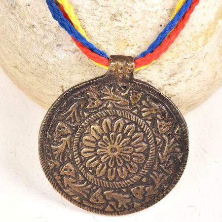 Bronze Circle Pendant with Flower Etched