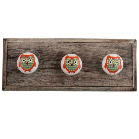 Orange Owl Ceramic Flat Wooden Hooks