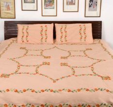 Peach Cotton Orange Petals Embroidered Double Bedsheet with Two Matching Pillow Case