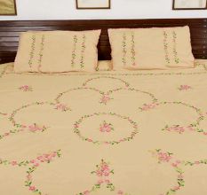 Beige  Cotton Pink Petals Embroidered Double Bedsheet with Two Matching Pillow Cases