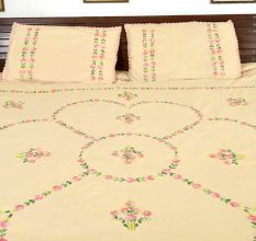 Light Peach  Cotton Floral Pattern Embroidered Double Bedsheet with Two Matching Pillow Cases