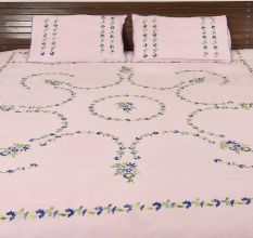 Blush Pink Cotton Embroidered Blue Flowers Double Bedsheet With Two Matching Pillow Covers