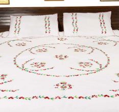 Hand  Embroidered Cotton White Double Bed Sheet Red Petals with 2 Pillow Covers