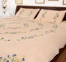 Sun Tan Cotton  Blue Petals Floral Double Bedsheet With Two Matching Pillow Covers