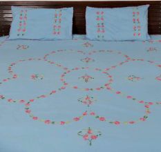 Light Blue Embroidered Cotton Double Pink Flowers Bedsheet With Two Pillow Covers