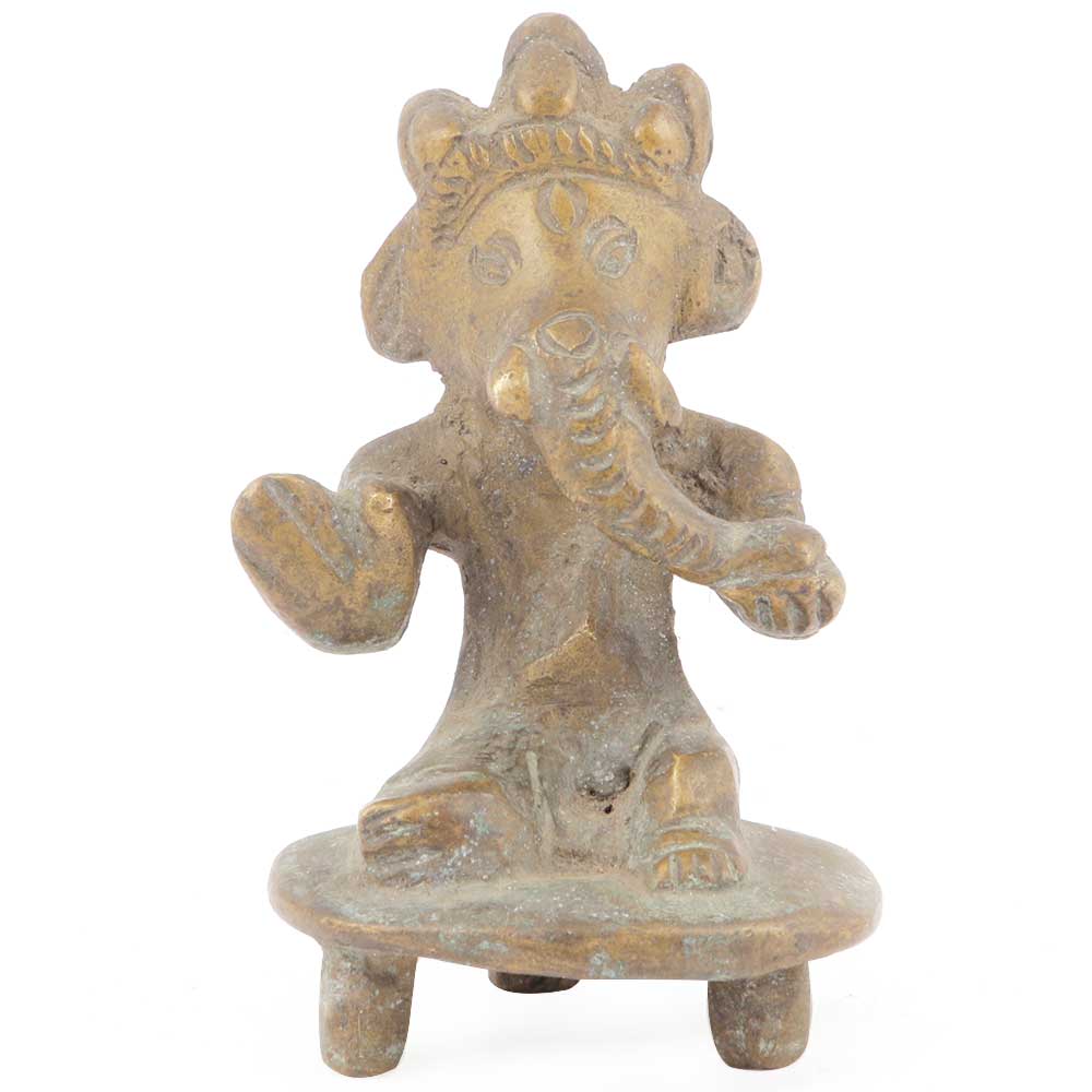 Brass Statue Of Lord Ganesha Sitting On Stool