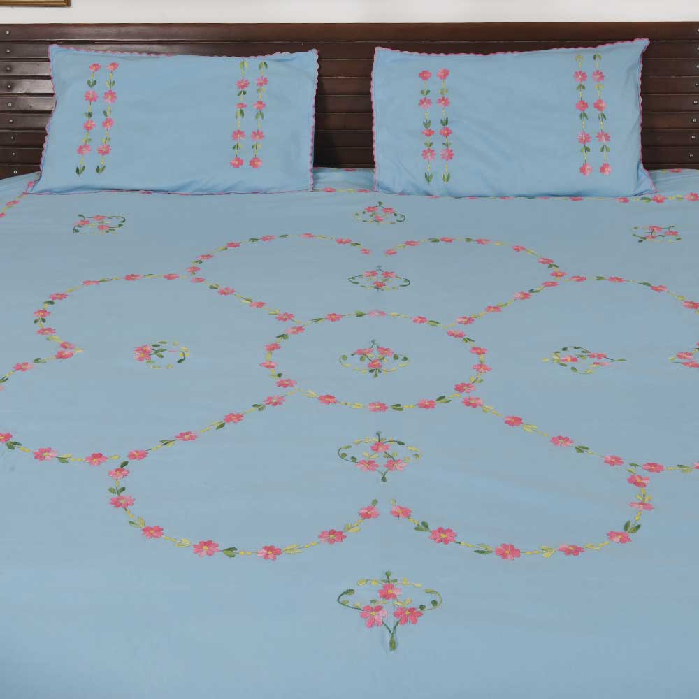 Light Blue Embroidered Cotton Double Pink Flowers Bedsheet With