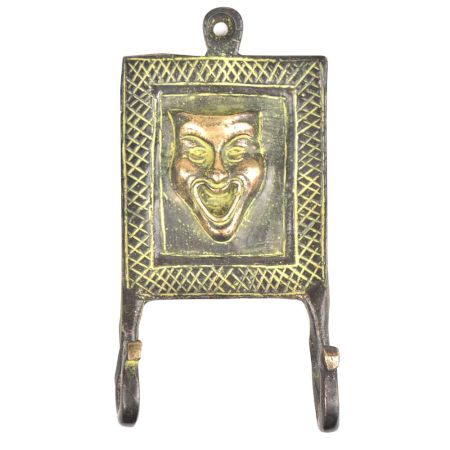 Bronze Laughing Joker Face Tribal Hooks with 2 Hooks and Green Patina