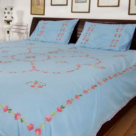 Light Blue Embroidered Cotton Double Pink Flowers Bedsheet With Two Pillow Covers