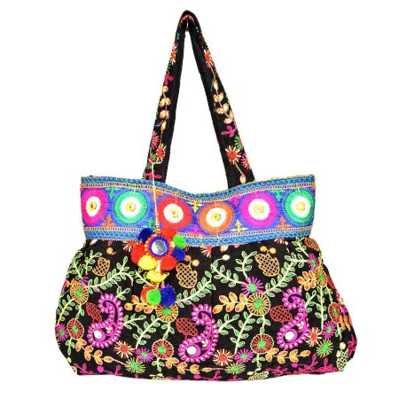 Black Traditional Embroidered Cotton Assorted Handbag