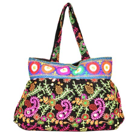 Black Traditional Embroidered Cotton Assorted Handbag