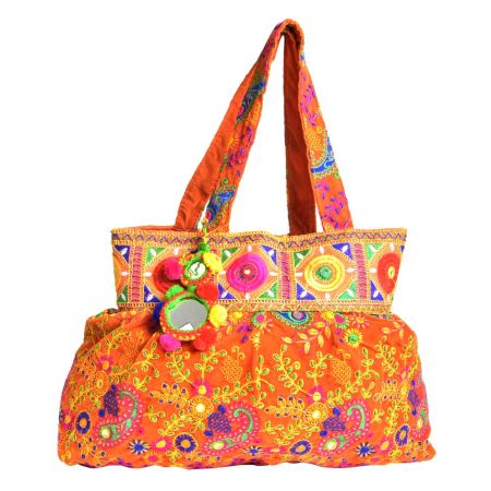 Orange Hand Embroiered Embroidered Cotton Assorted Handbag