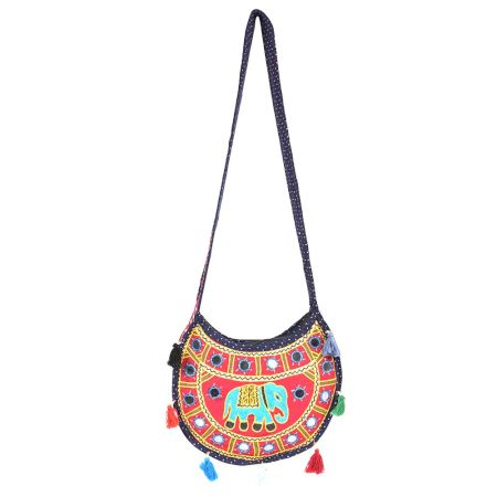 Navy Blue Red Semi Circle Elephant Embroidered Sling  Bag