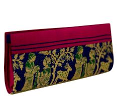 Navy Blue Pink Border Mythological Weave Pure Silk Baluchari Clutch Bag