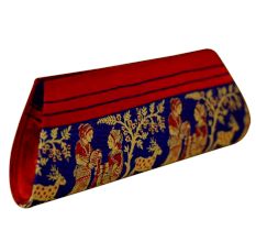 Navy Blue Red Border Conical Mythological Weave Pure Silk Baluchari Clutch Bag