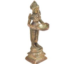 Brass Lady Oil Lamp Holding A Diya In Her Hand
